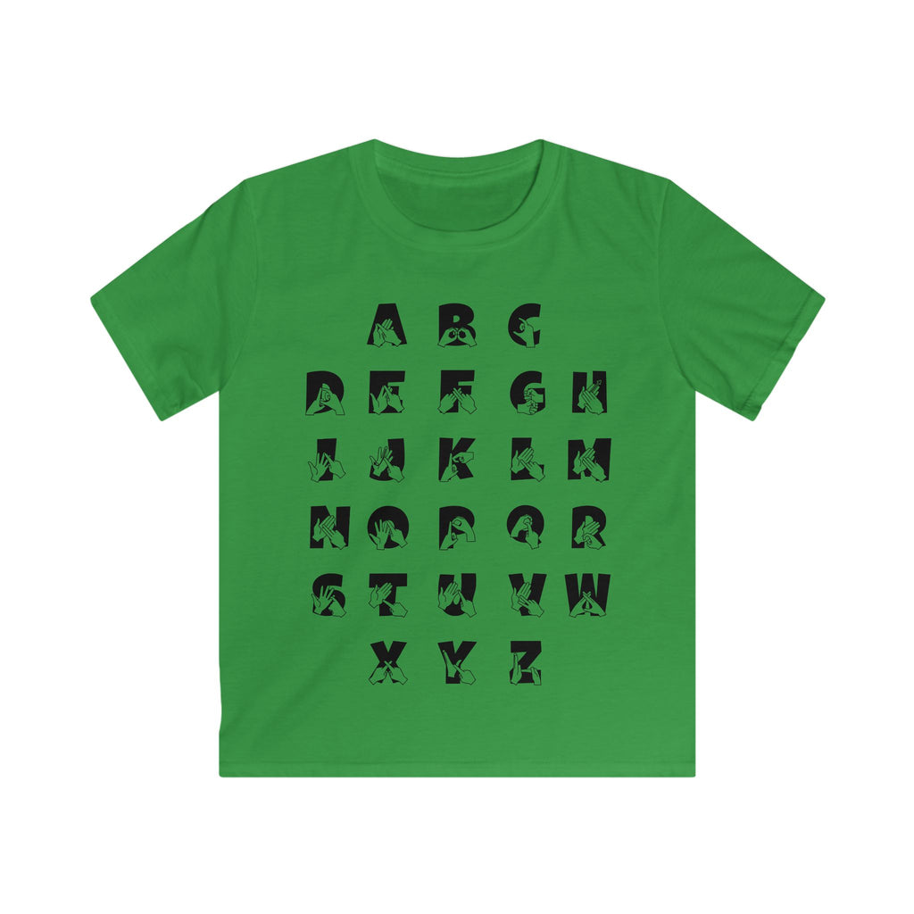 Front view of a Irish green t-shirt with BSL Alphabet - Black Fingerspelling & Text