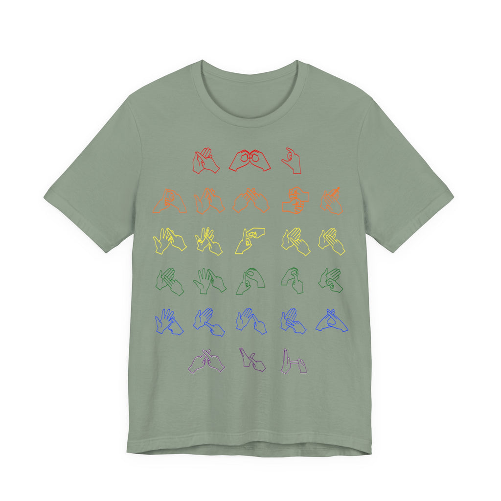 Front view of a sage t-shirt with BSL Alphabet - Pride Fingerspelling