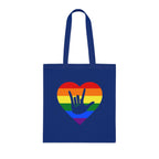 Royal blue Tote Bag showing a Pride coloured heart and the iconic ASL I Love You sign embedded in it