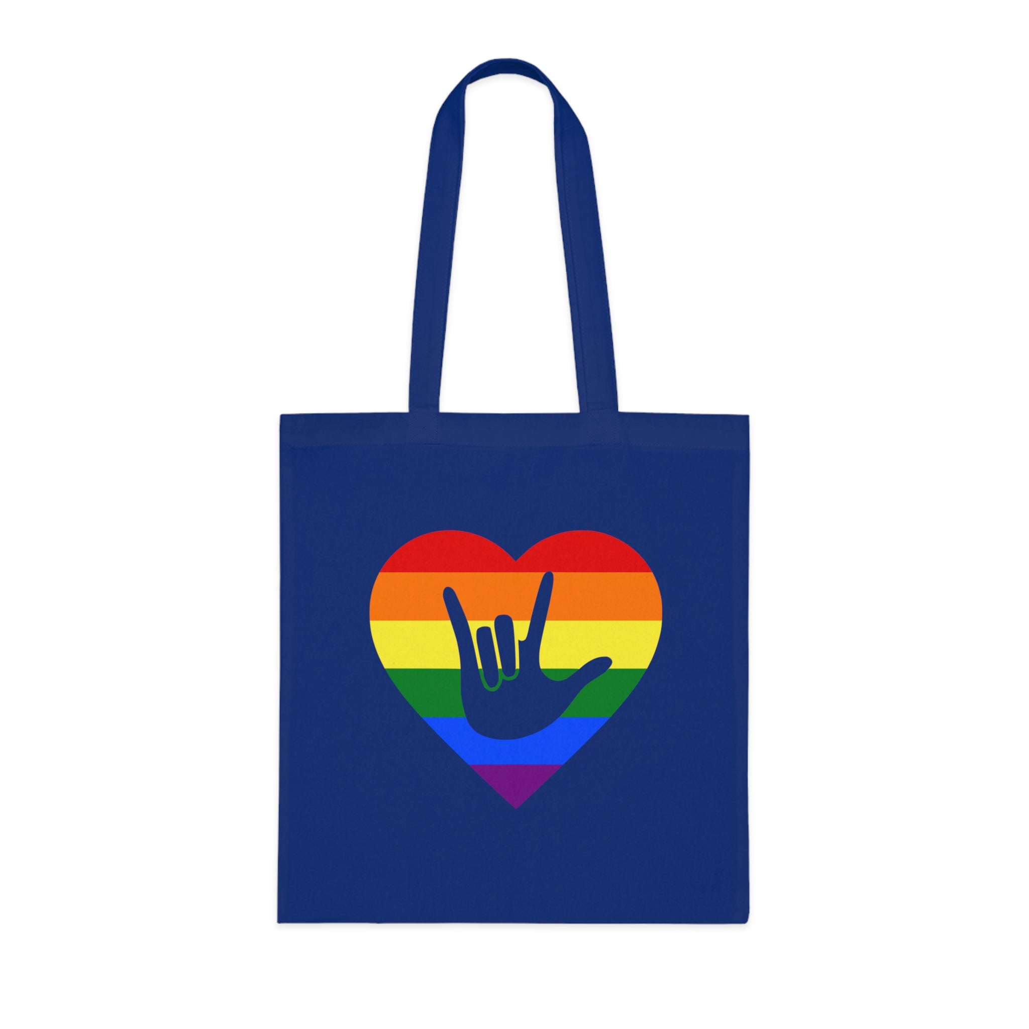 Royal blue Tote Bag showing a Pride coloured heart and the iconic ASL I Love You sign embedded in it