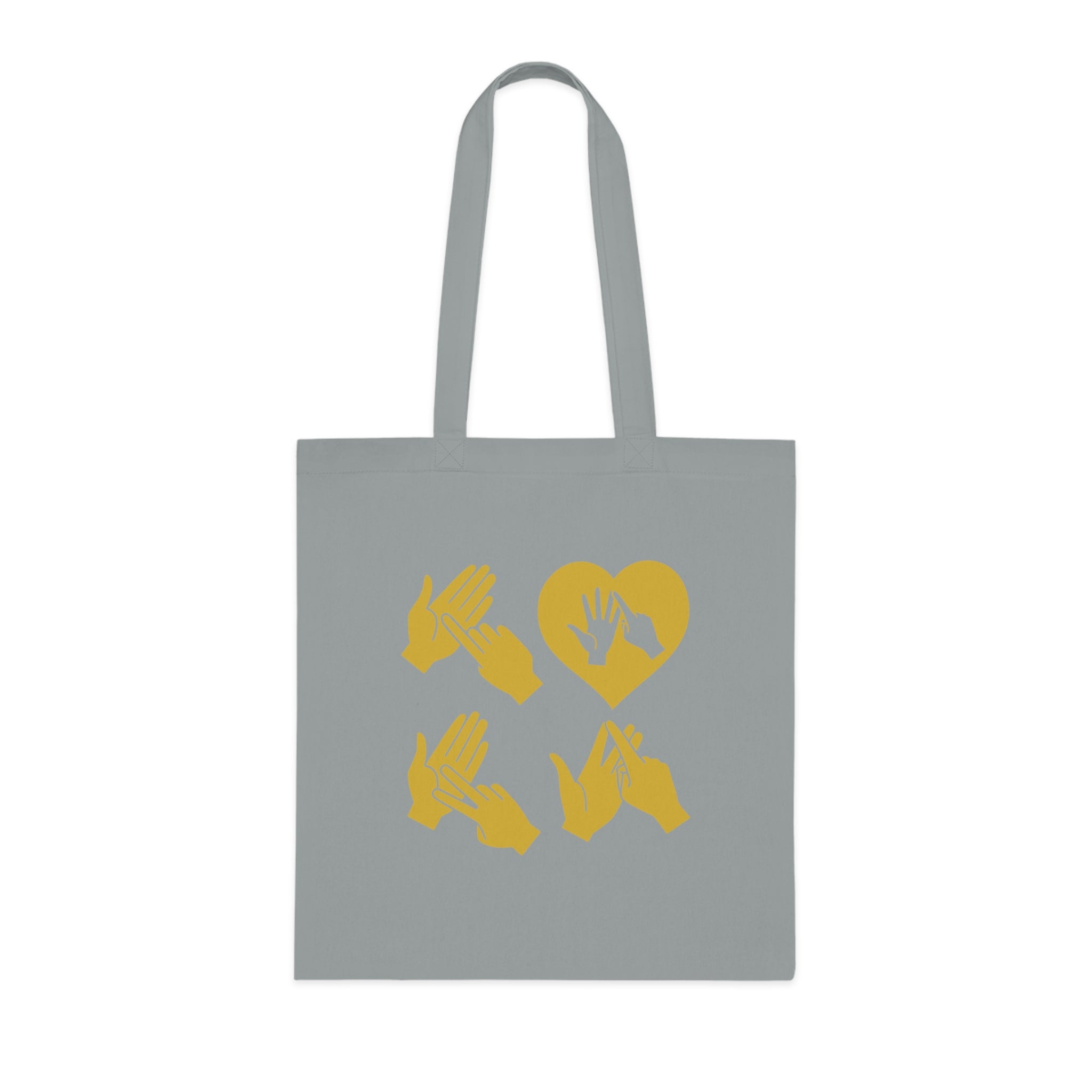 Grey Tote Bag with the word Love in gold BSL Fingerspelling with the 'O' embedded in a heart shape