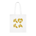 White Tote Bag with the word Love in gold BSL Fingerspelling with the 'O' embedded in a heart shape