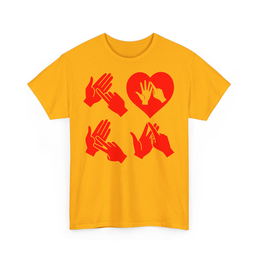 Front view of a gold T-Shirt with the word Love in red BSL Fingerspelling with the 'O' embedded in a heart shape 
