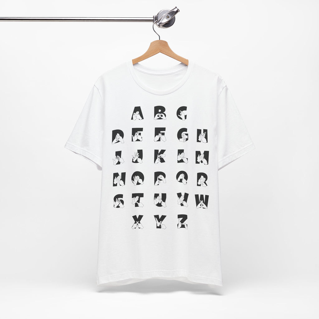 Front view of a white t-shirt with BSL Alphabet - Black Fingerspelling & Text, on a hanger against a white background