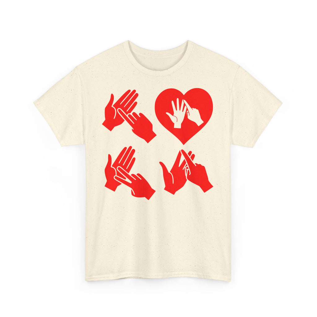 Front view of a natural T-Shirt with the word Love in red BSL Fingerspelling with the 'O' embedded in a heart shape 