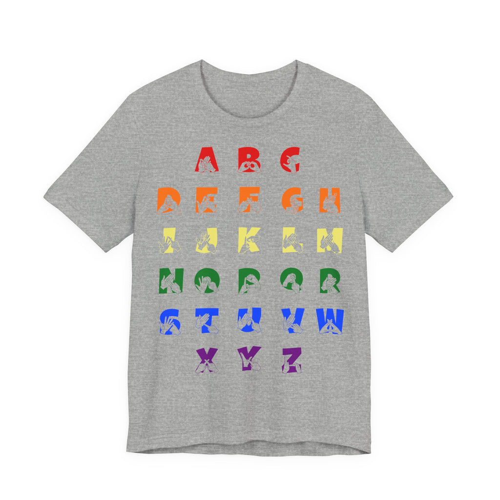 Front view of a athletic heather t-shirt with BSL Alphabet - Pride Fingerspelling & Text