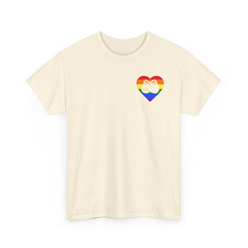Front view of a natural T-Shirt showing a pride coloured heart and the iconic BSL Love sign embedded in it on the left side of the chest