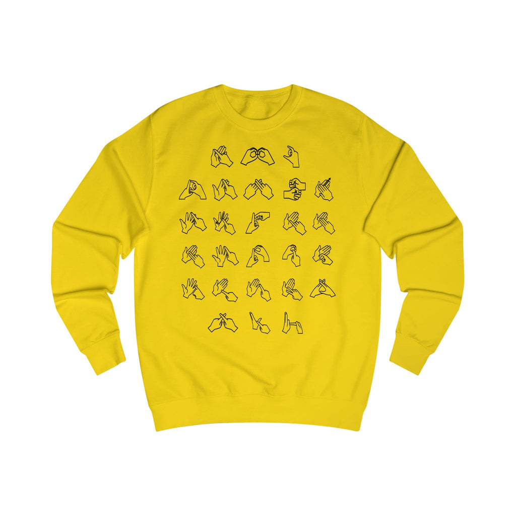 Front view of a sun yellow sweatshirt with BSL Alphabet - Black Fingerspelling