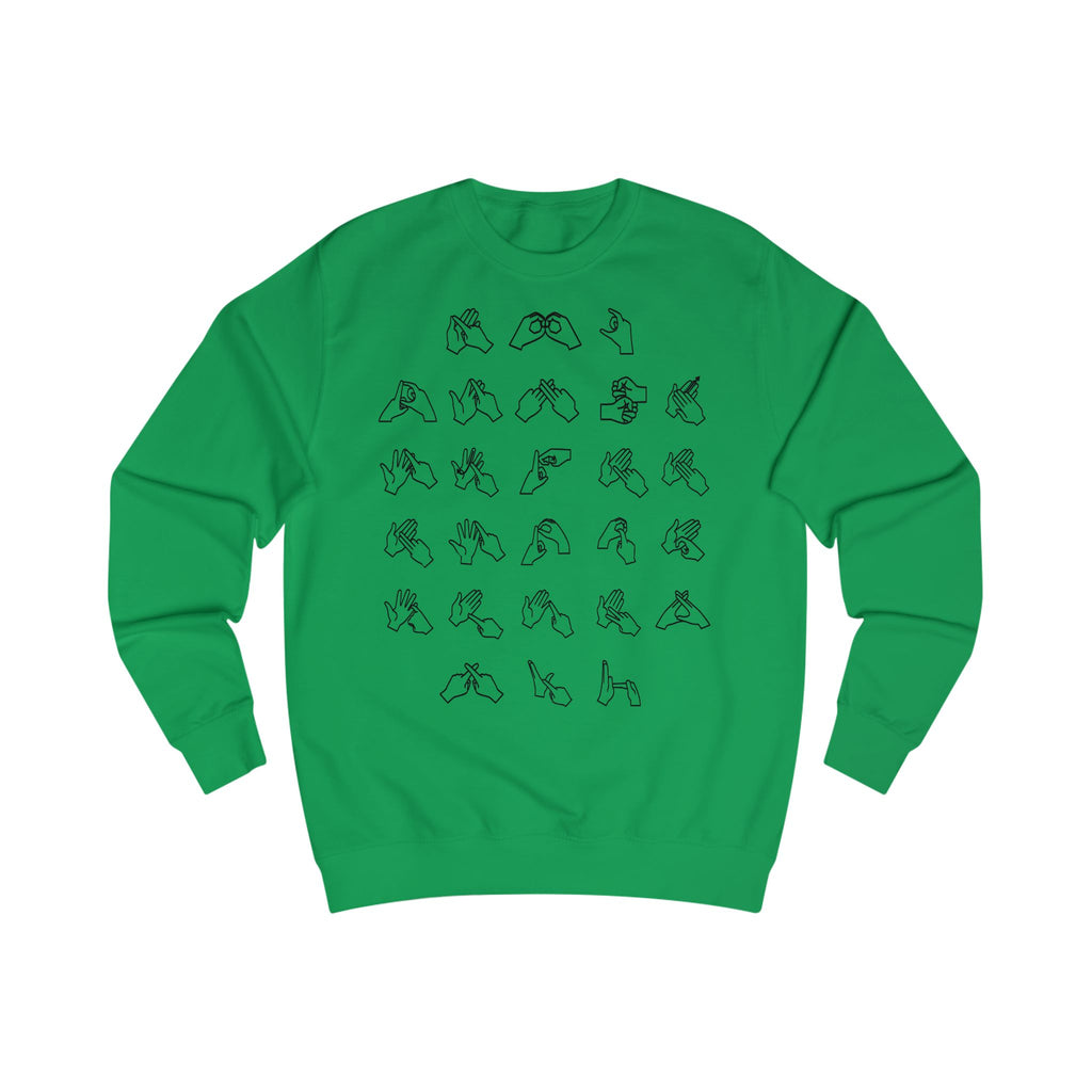 Front view of a kelly green sweatshirt with BSL Alphabet - Black Fingerspelling