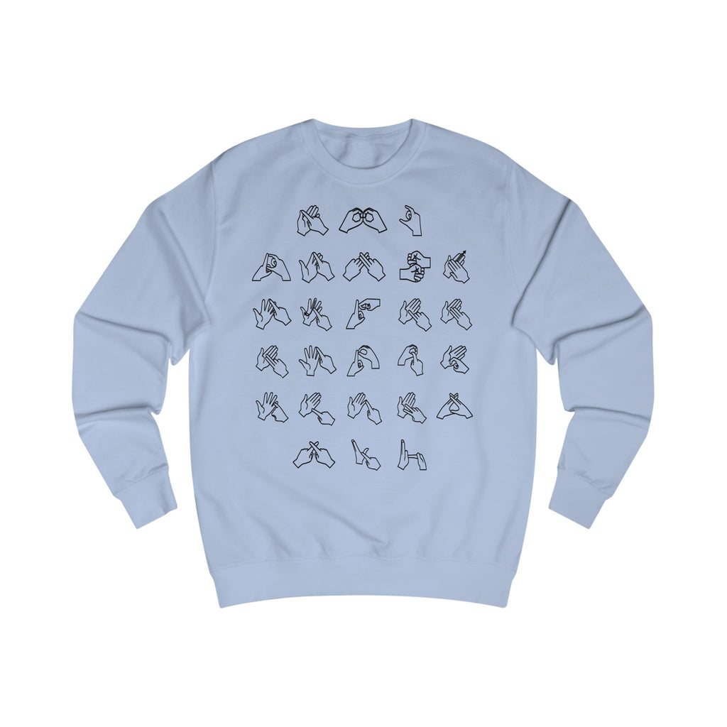 Front view of a sky blue sweatshirt with BSL Alphabet - Black Fingerspelling