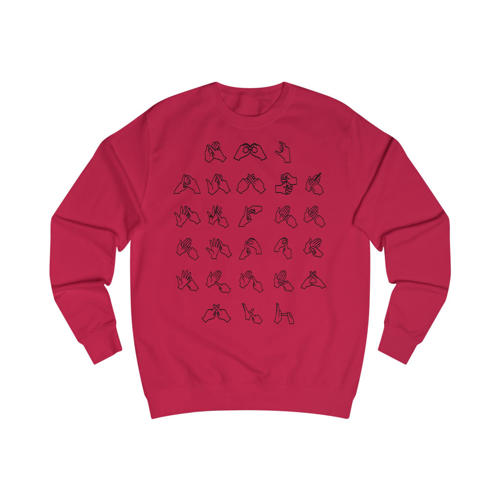Front view of a fire red sweatshirt with BSL Alphabet - Black Fingerspelling