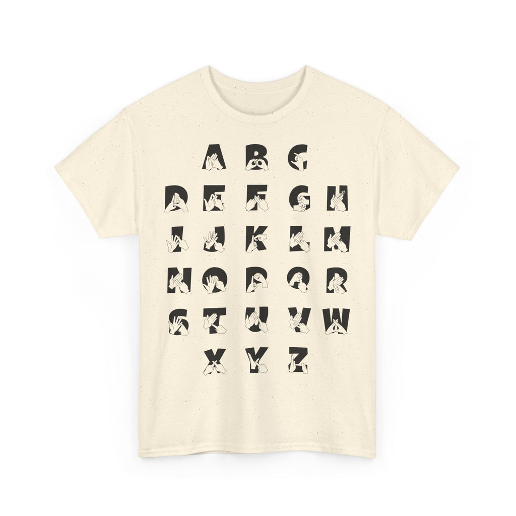 Front view of a natural t-shirt with BSL Alphabet - Black Fingerspelling