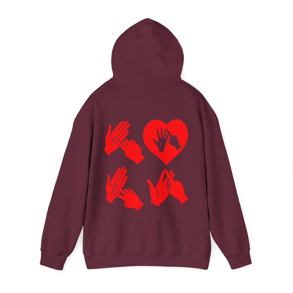 Back view of a maroon hoodie with the word Love in red BSL Fingerspelling with the 'O' embedded in a heart shape