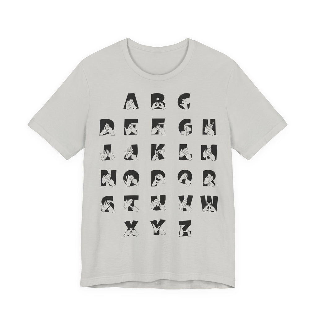 Front view of a silver t-shirt with BSL Alphabet - Black Fingerspelling & Text