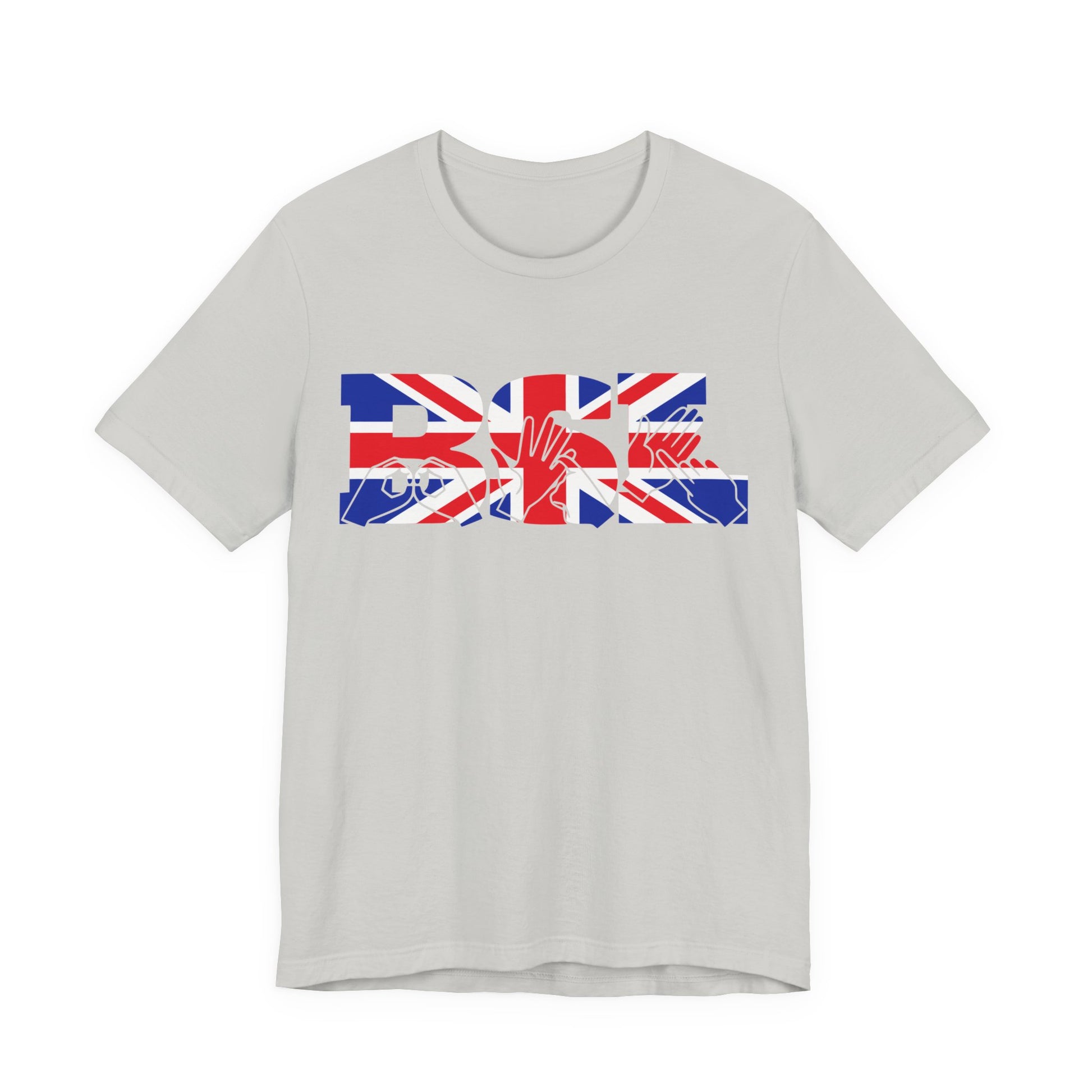 Silver t-shirt with ‘BSL’ shown in British Sign Language fingerspelling and text, in red, white, and blue Union Flag colours