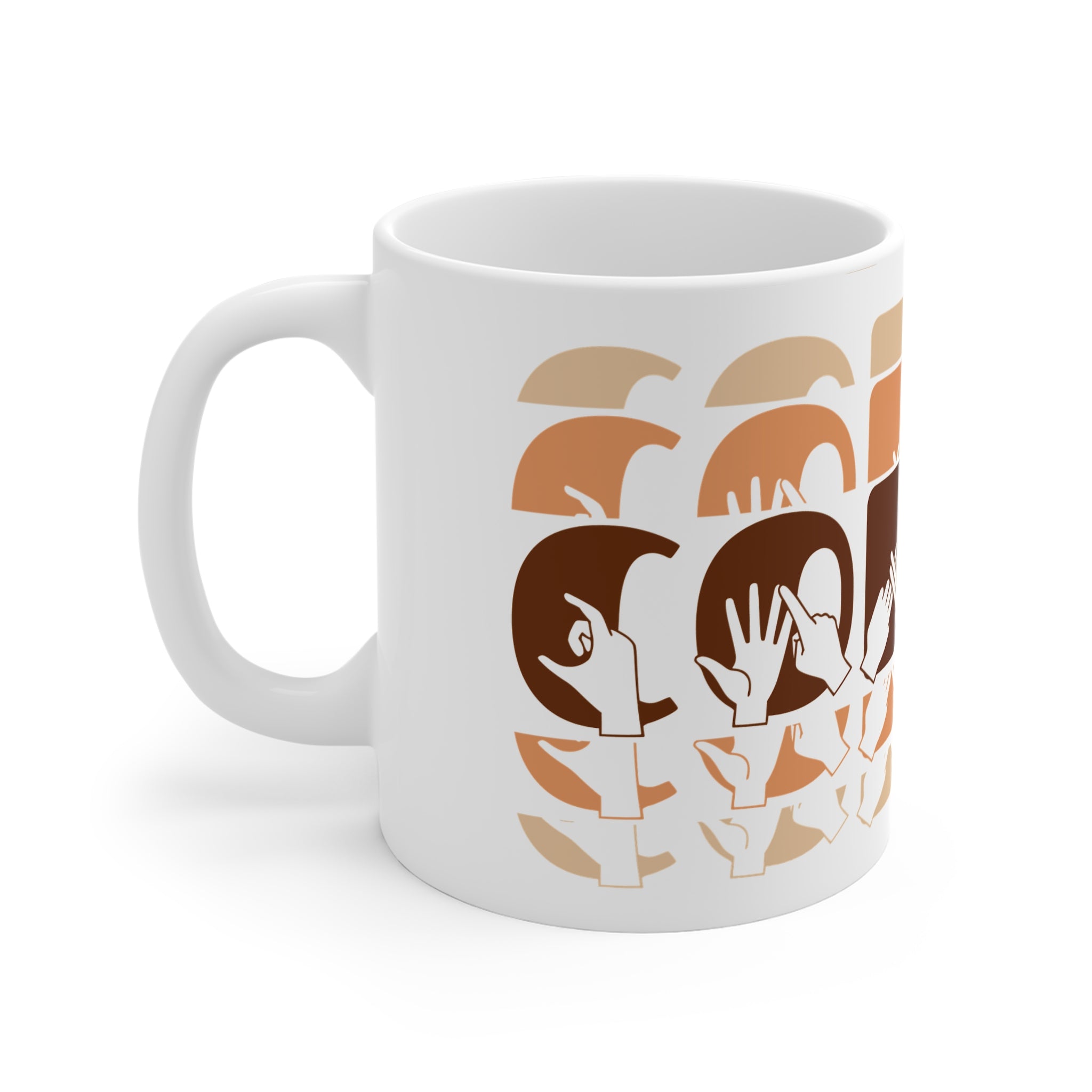 White mug featuring the phrase Coffee written in BSL Fingerspelling and Text wrapping around the mug in brown cutaway design. The mug handle is on the left hand side of the mug.