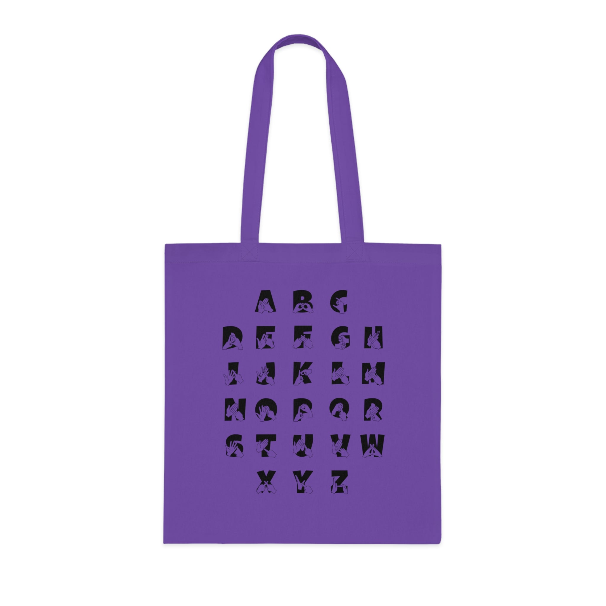 Lavender Tote Bag with BSL Alphabet - Black Fingerspelling & Text
