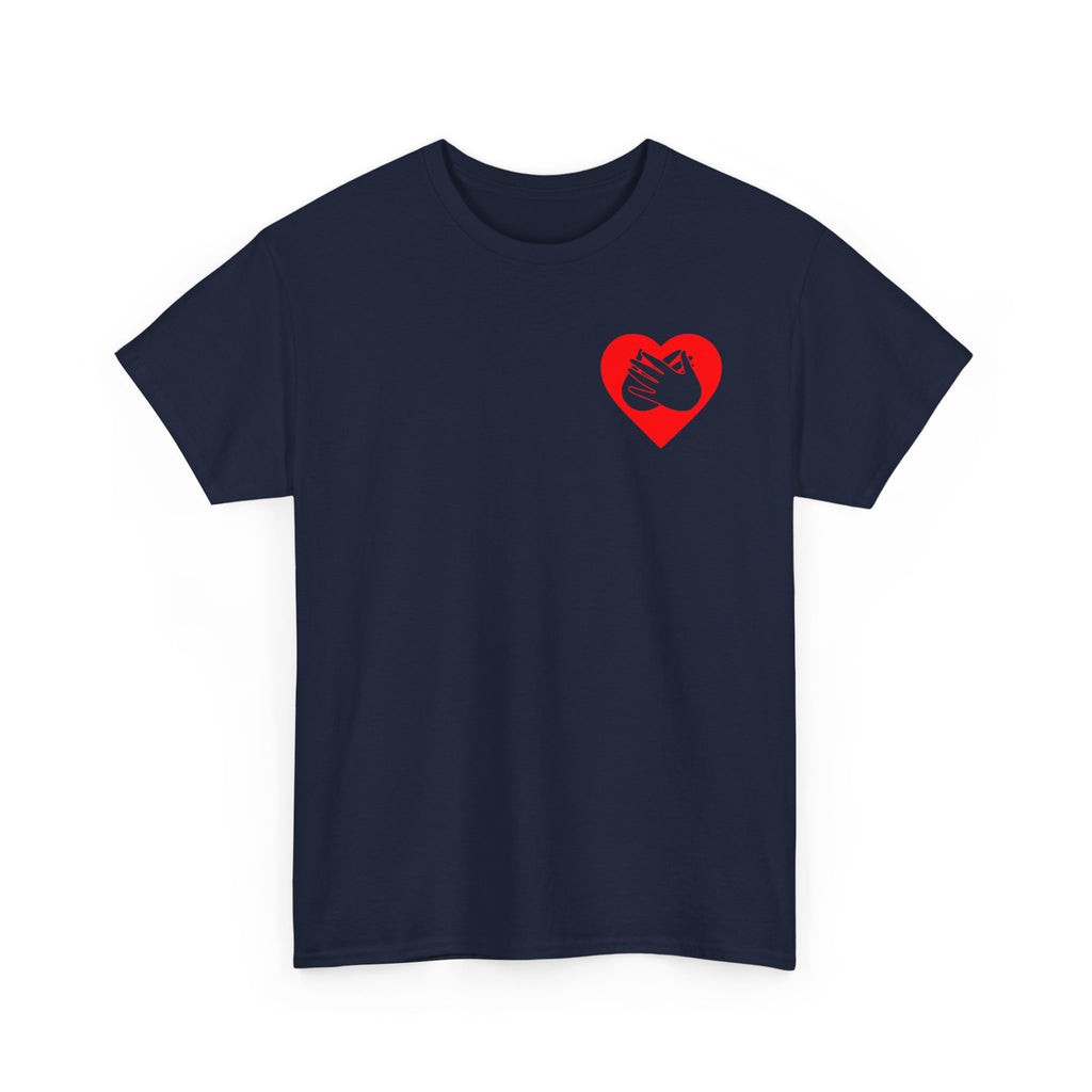 Front view of a navy T-Shirt showing a red coloured heart and the iconic BSL Love sign embedded in it on the left side of the chest