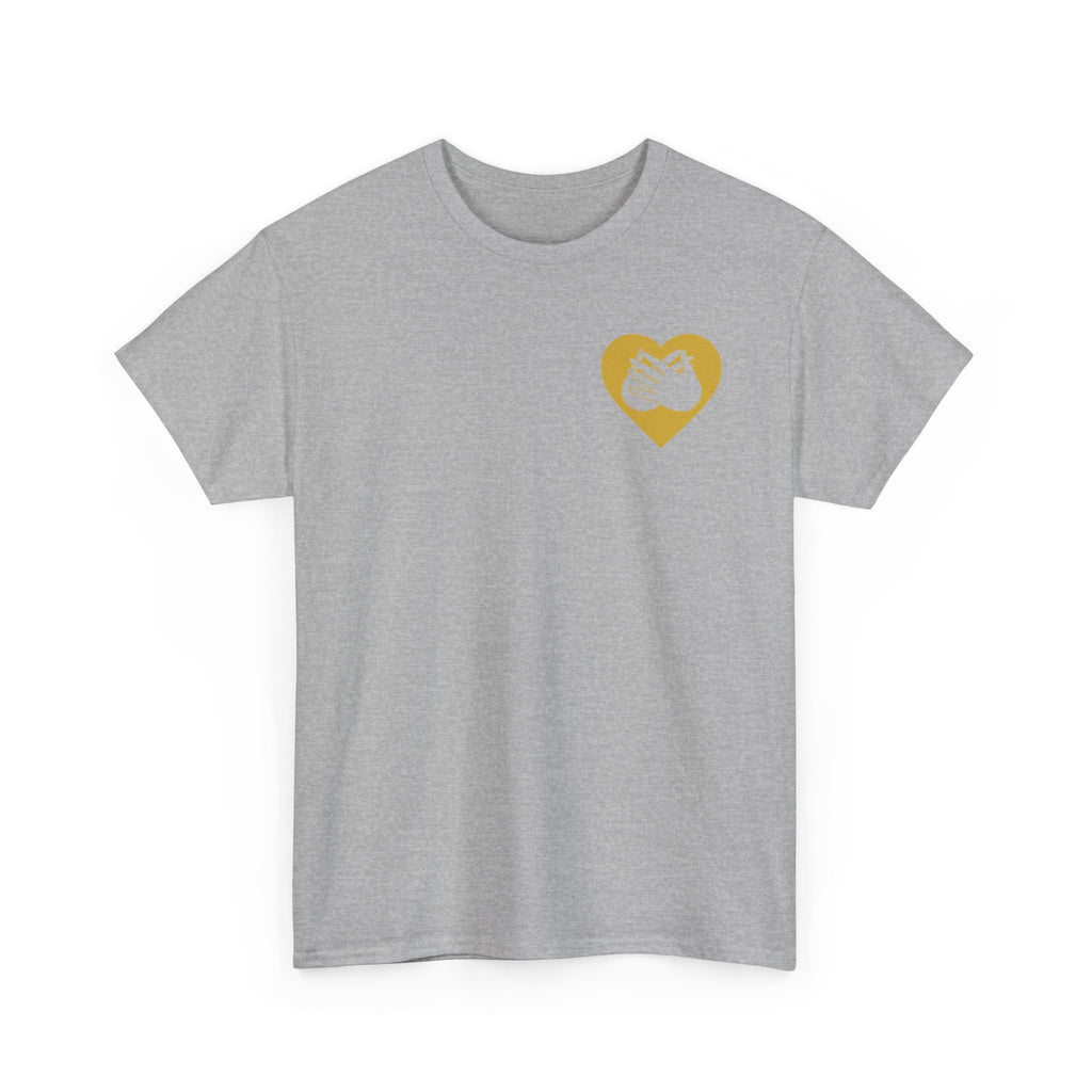 Front view of a sport grey T-Shirt showing a gold coloured heart and the iconic BSL Love sign embedded in it on the left side of the chest