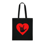 Black Tote Bag showing a gold coloured heart with the iconic ASL I Love You sign embedded in it