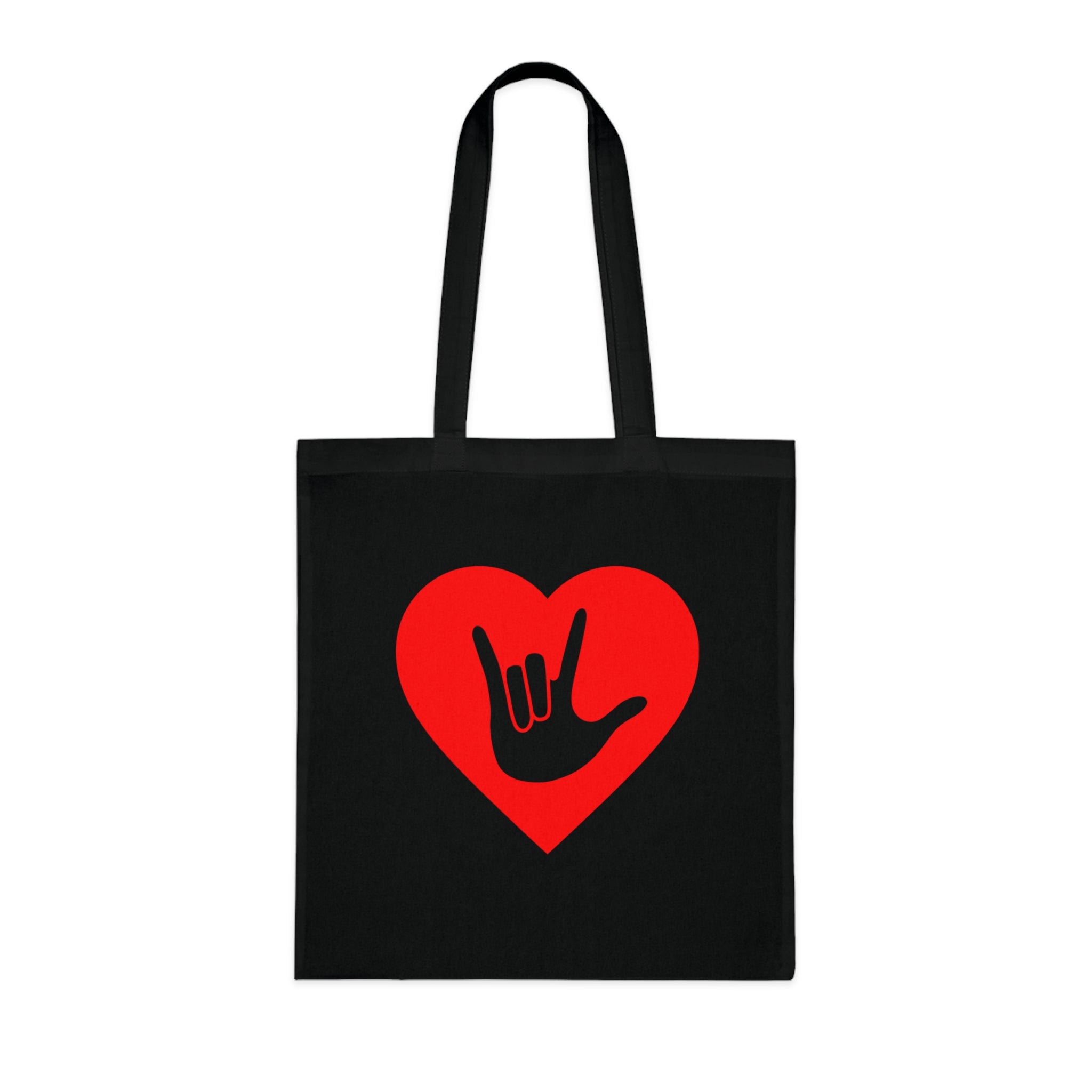 Black Tote Bag showing a gold coloured heart with the iconic ASL I Love You sign embedded in it