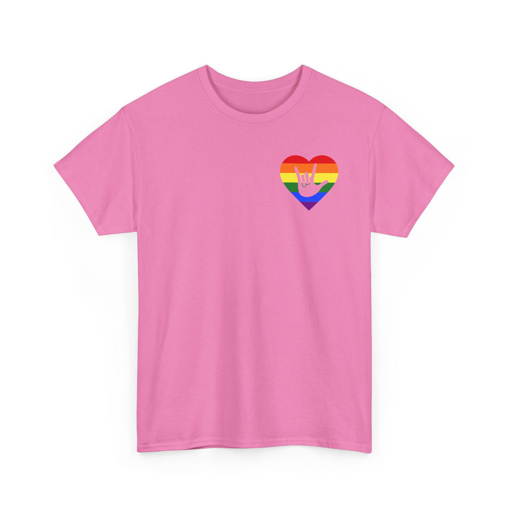 Front view of a azalea T-Shirt showing a pride coloured heart and the iconic ASL I Love You sign embedded in it on the left side of the chest