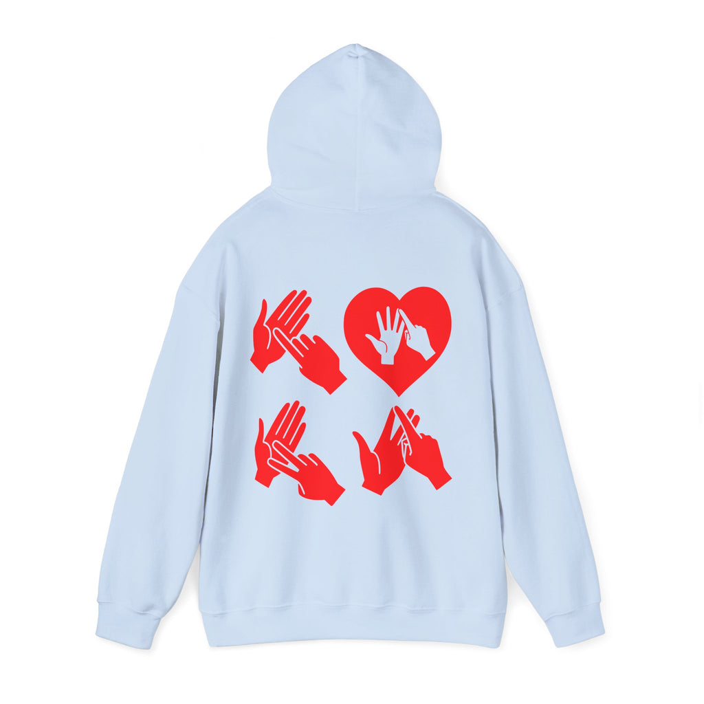 Back view of a light blue hoodie with the word Love in red BSL Fingerspelling with the 'O' embedded in a heart shape