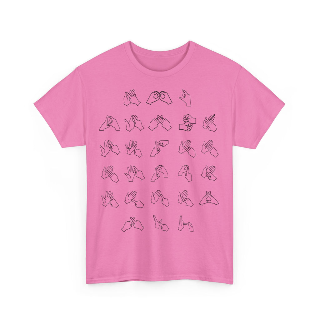 Front view of a azalea t-shirt with BSL Alphabet - Black Fingerspelling