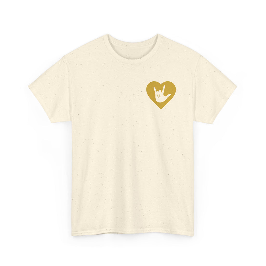 Front view of a natural T-Shirt showing a gold coloured heart and the iconic ASL I Love You sign embedded in it on the left side of the chest