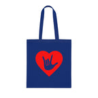 Royal blue Tote Bag showing a gold coloured heart with the iconic ASL I Love You sign embedded in it