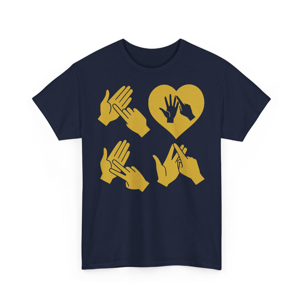 Front view of a navy T-Shirt with the word Love in gold BSL Fingerspelling with the 'O' embedded in a heart shape