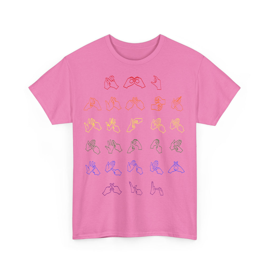 Front view of a azalea t-shirt with BSL Alphabet - Pride Fingerspelling