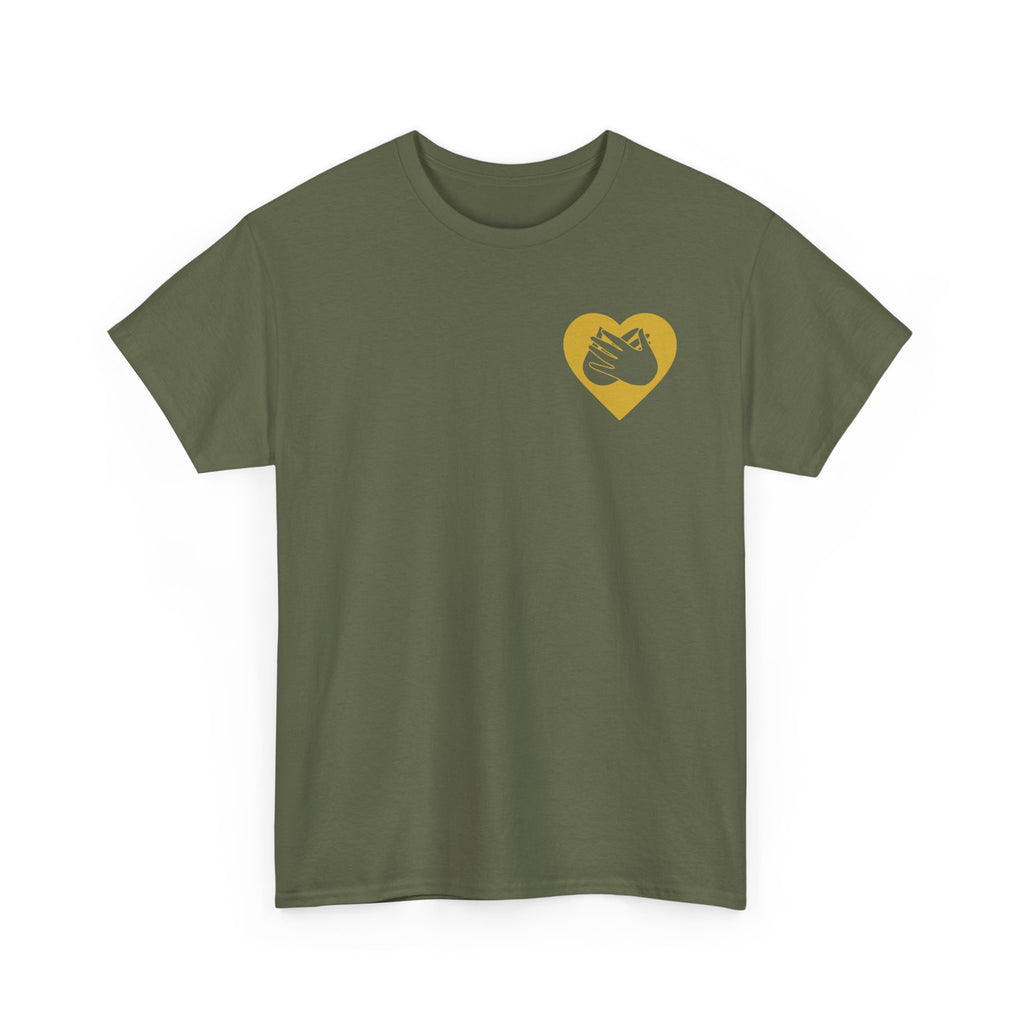 Front view of a military green T-Shirt showing a gold coloured heart and the iconic BSL Love sign embedded in it on the left side of the chest