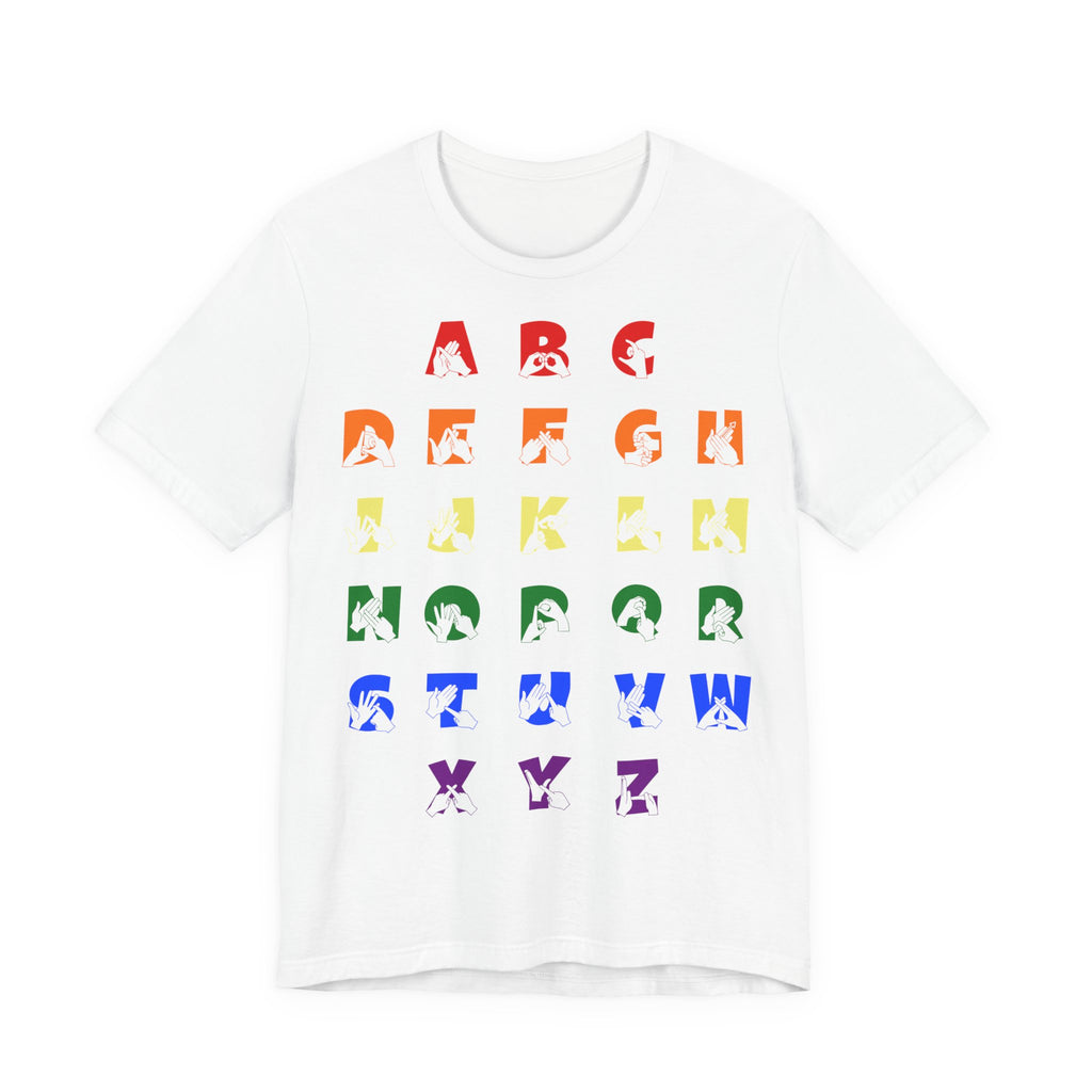 Front view of a white t-shirt with BSL Alphabet - Pride Fingerspelling & Text