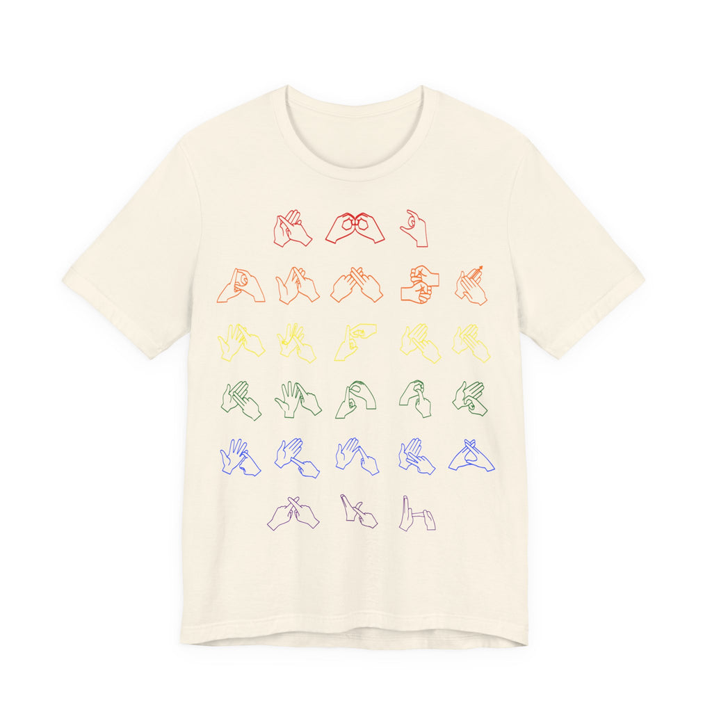 Front view of a natural t-shirt with BSL Alphabet - Pride Fingerspelling