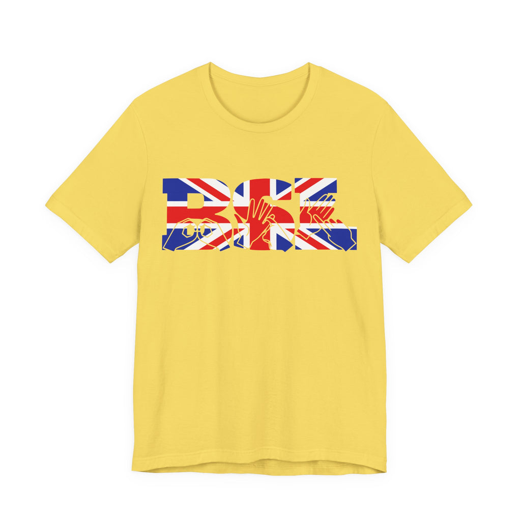 Maize yellow t-shirt with ‘BSL’ shown in British Sign Language fingerspelling and text, in red, white, and blue Union Flag colours
