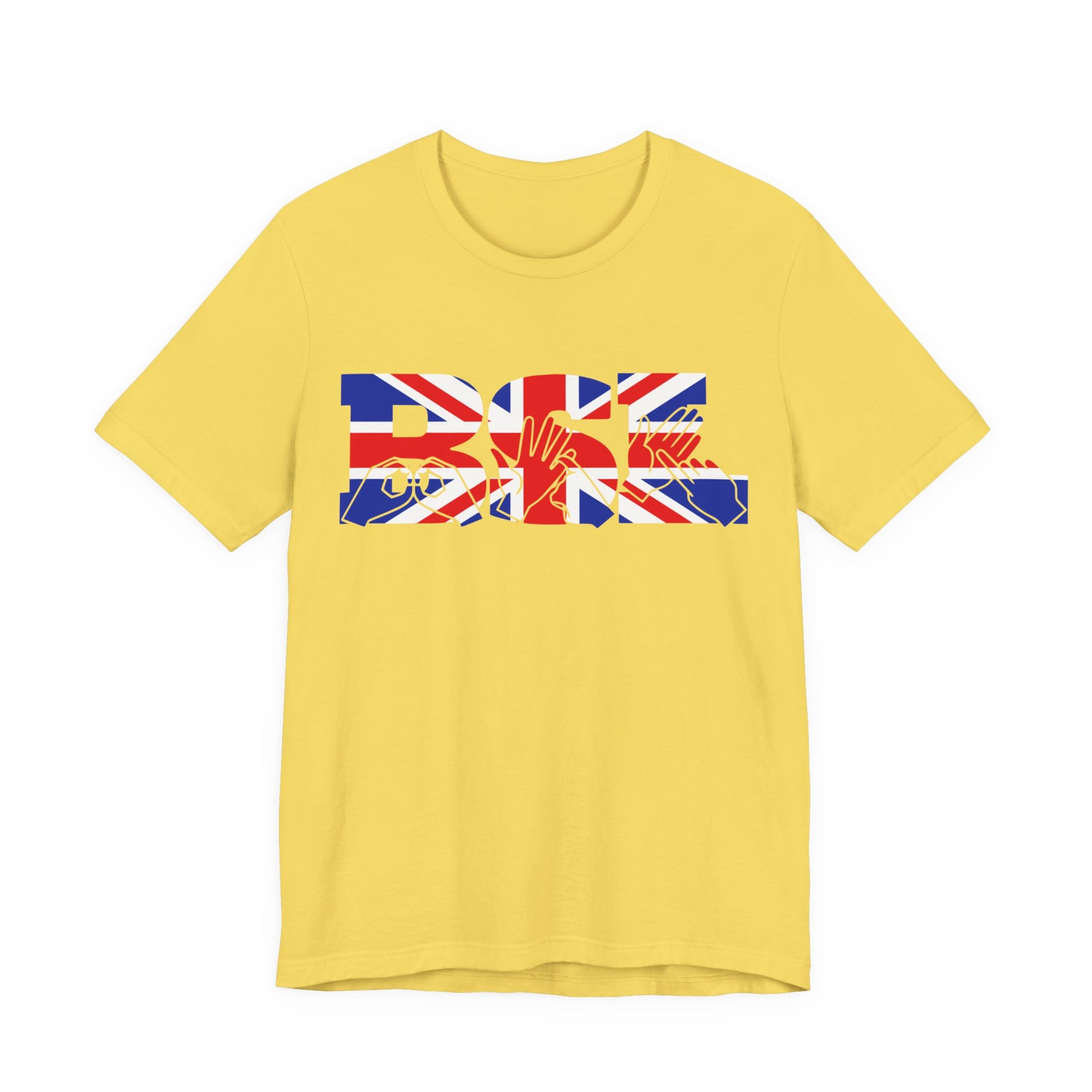 Maize yellow t-shirt with ‘BSL’ shown in British Sign Language fingerspelling and text, in red, white, and blue Union Flag colours