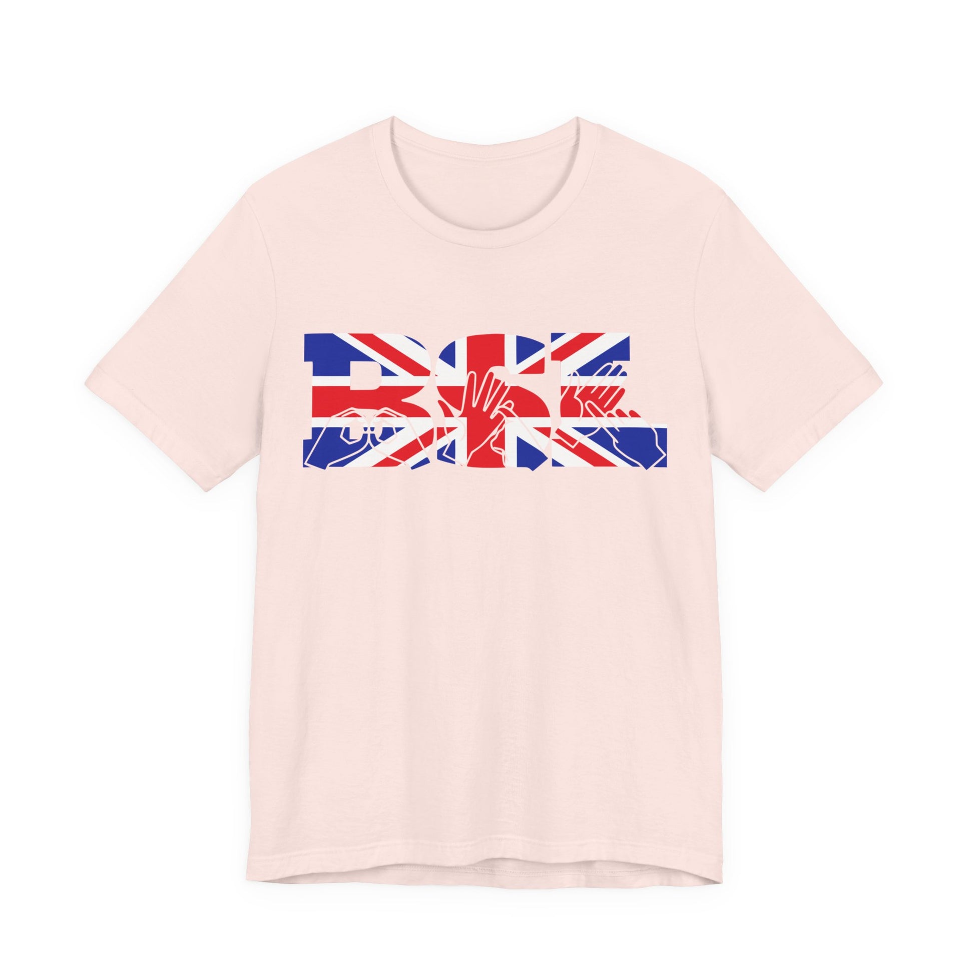 Soft pink t-shirt with ‘BSL’ shown in British Sign Language fingerspelling and text, in red, white, and blue Union Flag colours