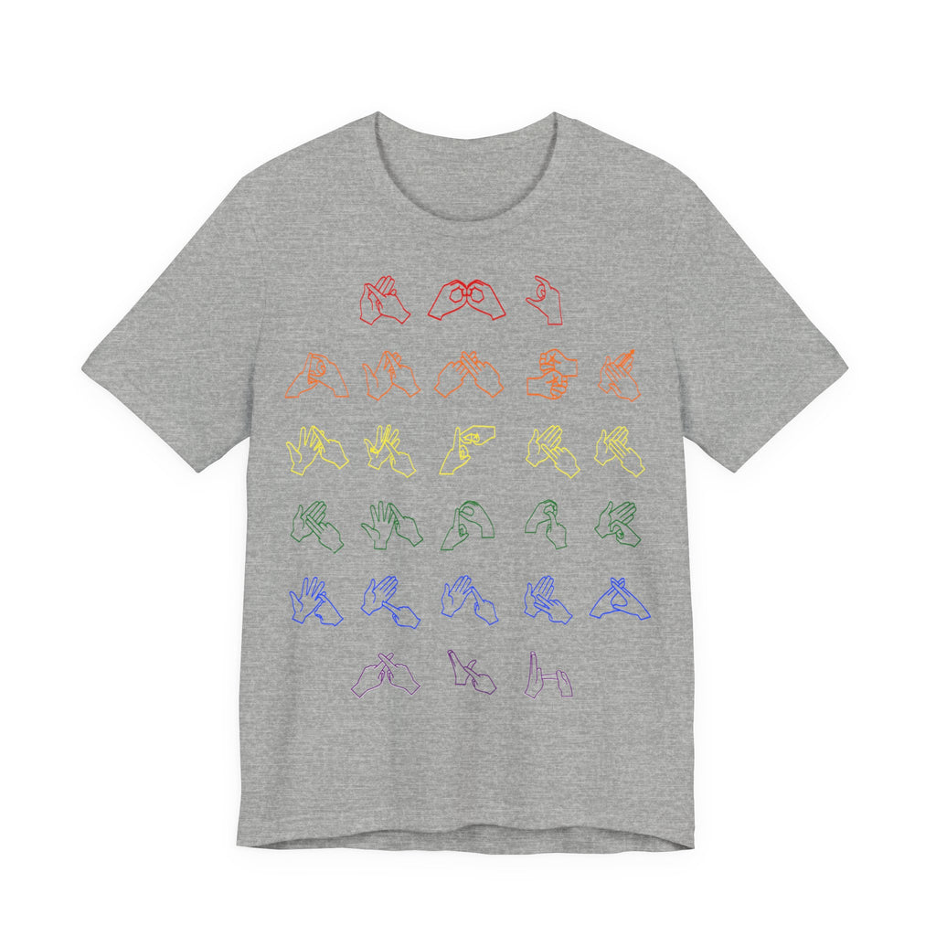 Front view of a athletic heather t-shirt with BSL Alphabet - Pride Fingerspelling