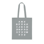 Grey Tote Bag with BSL Alphabet - White Fingerspelling & Text