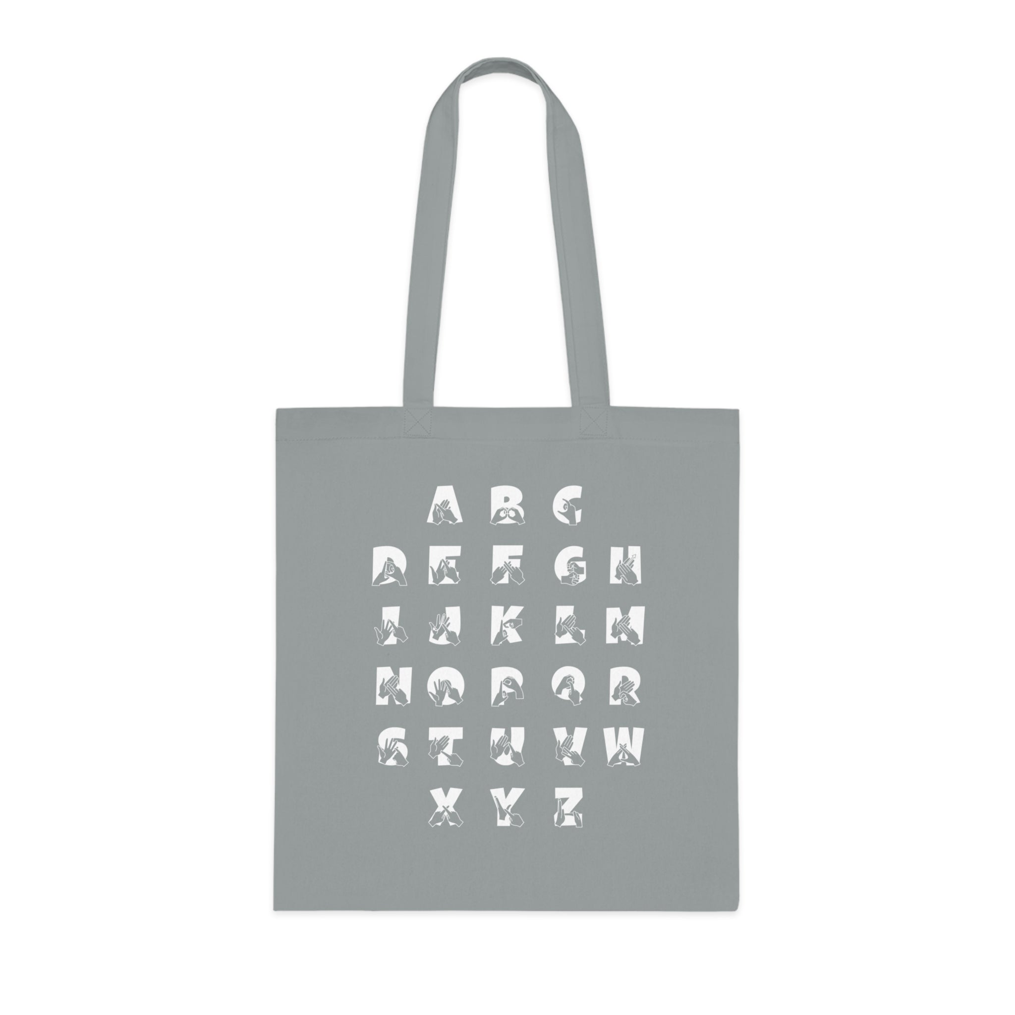 Grey Tote Bag with BSL Alphabet - White Fingerspelling & Text
