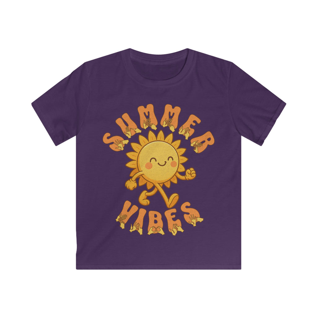 Purple kids’ t-shirt with a smiling cartoon sunshine and the phrase “summer vibes” in bold textured font, each letter showing British Sign Language fingerspelling underneath.