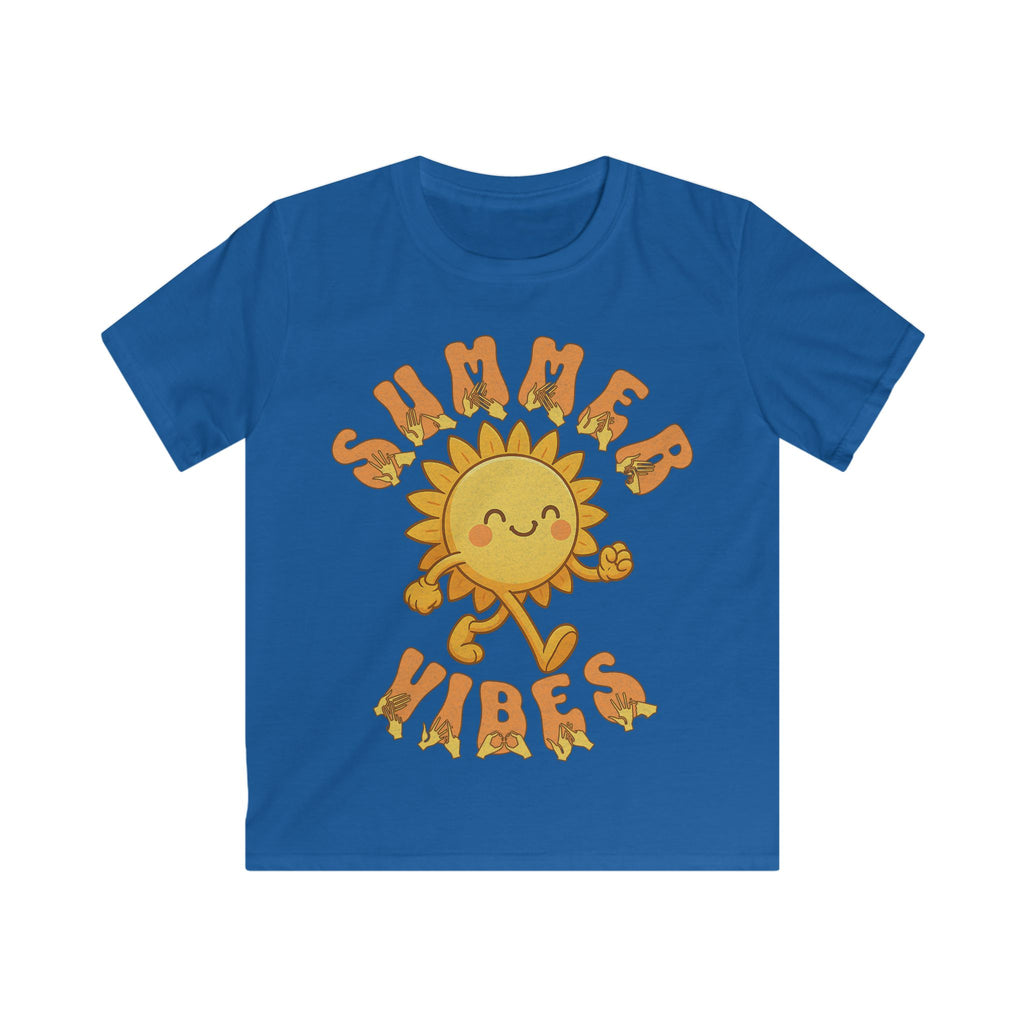 Royal kids’ t-shirt with a smiling cartoon sunshine and the phrase “summer vibes” in bold textured font, each letter showing British Sign Language fingerspelling underneath.