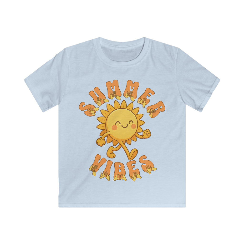 Light blue kids’ t-shirt with a smiling cartoon sunshine and the phrase “summer vibes” in bold textured font, each letter showing British Sign Language fingerspelling underneath.