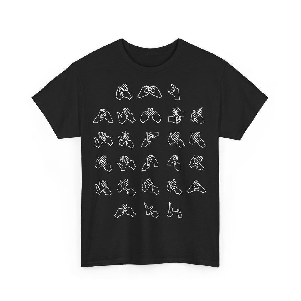 Front view of a Black t-shirt with BSL Alphabet - White Fingerspelling