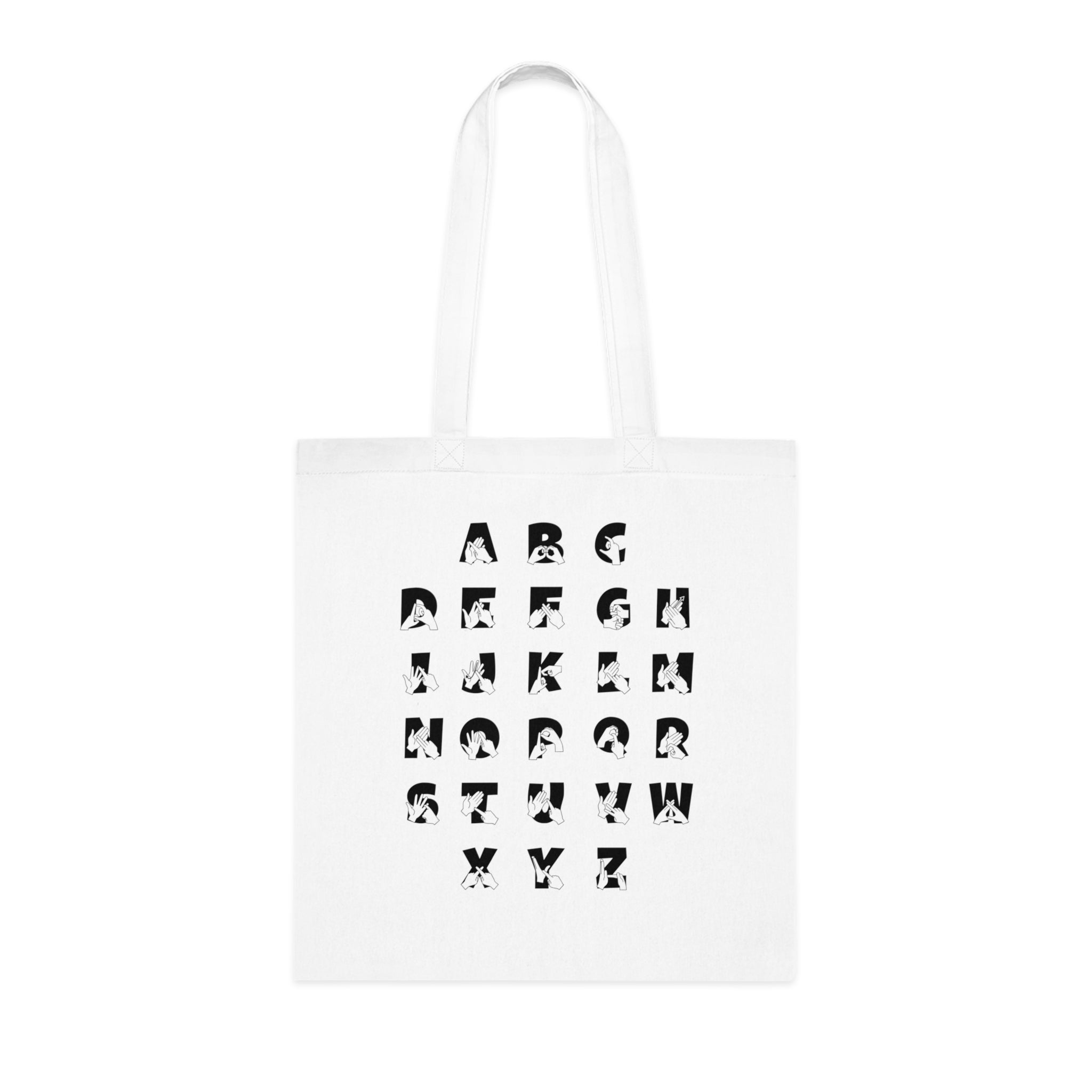 White Tote Bag with BSL Alphabet - Black Fingerspelling & Text