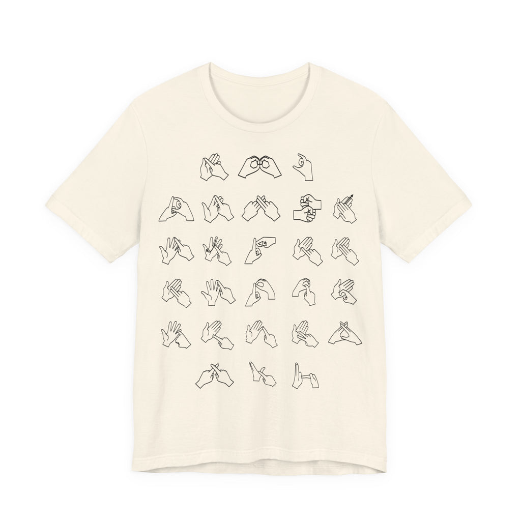 Front view of a natural t-shirt with BSL Alphabet - Black Fingerspelling