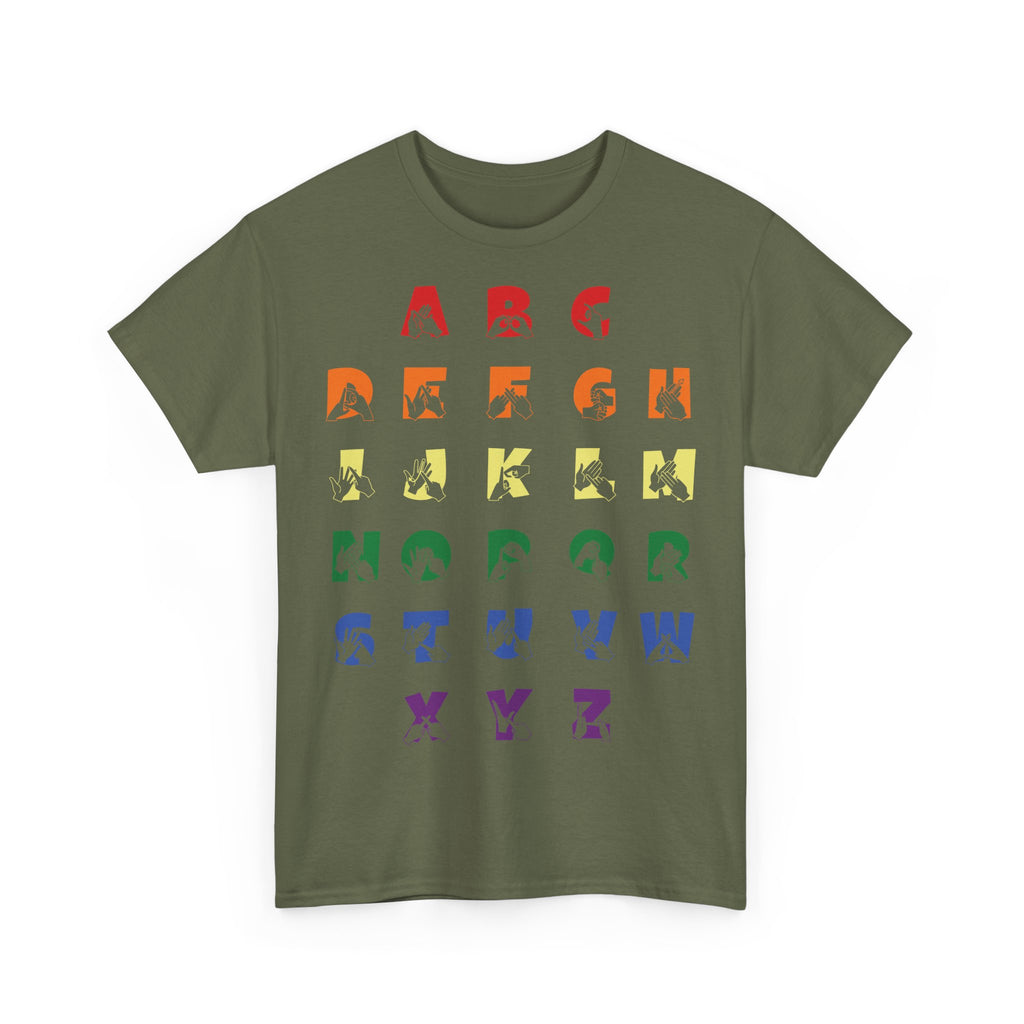 Front view of a Military Green t-shirt with BSL Alphabet - Pride Fingerspelling & Text