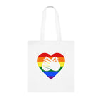 White Tote Bag showing a Pride coloured heart and the iconic BSL Love sign embedded in it