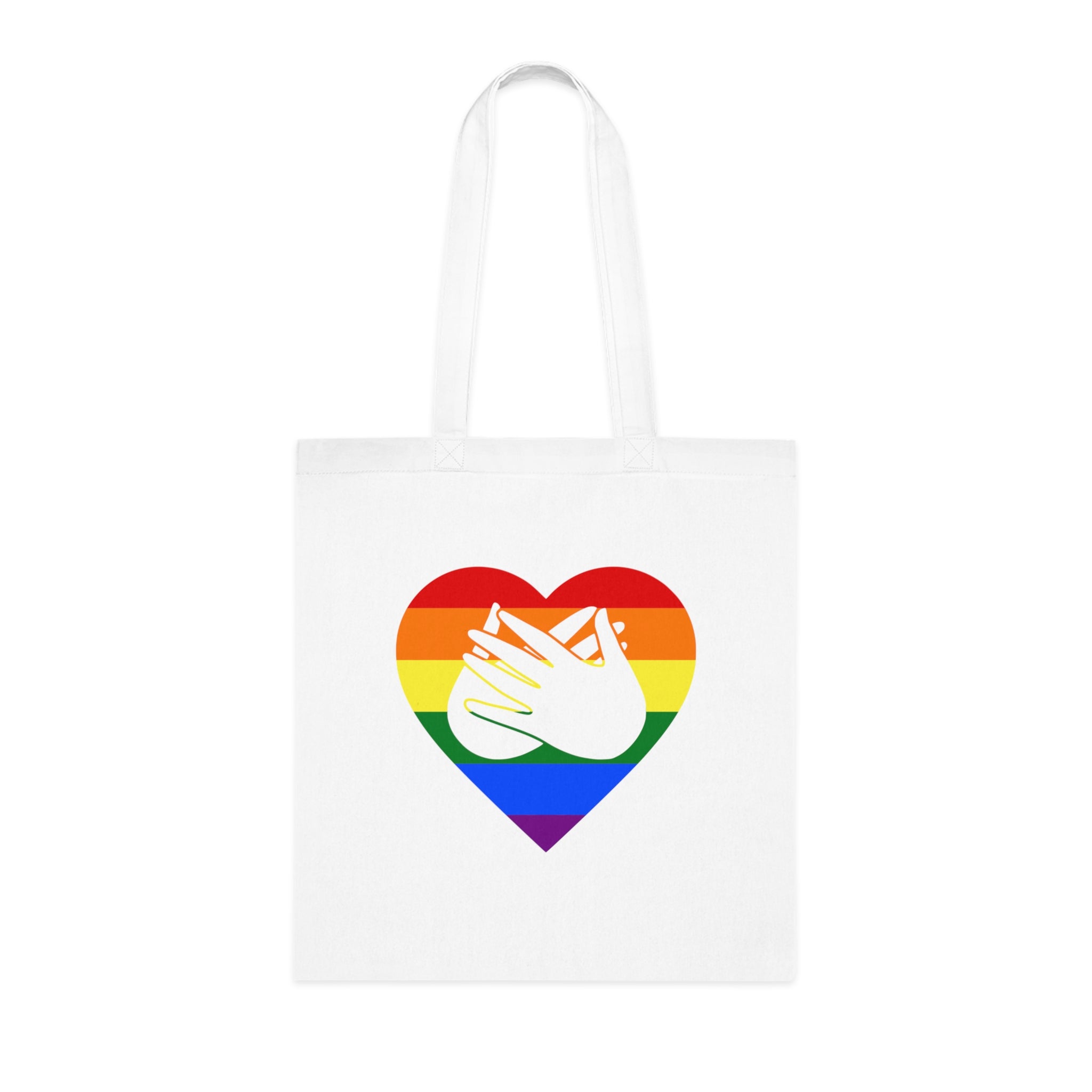 White Tote Bag showing a Pride coloured heart and the iconic BSL Love sign embedded in it